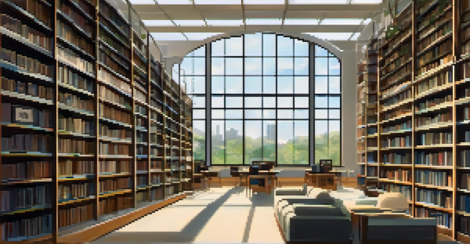 A serene digital library with art books and screens showcasing artworks, illuminated by warm lights and a view of a garden.