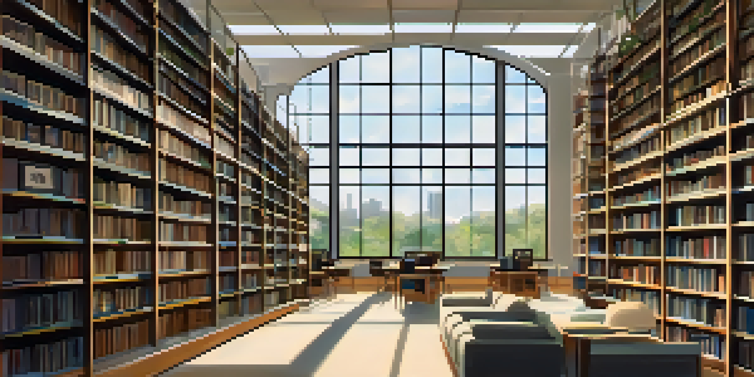 A serene digital library with art books and screens showcasing artworks, illuminated by warm lights and a view of a garden.