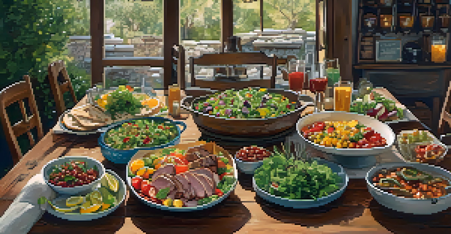 A Mediterranean dining spread with fresh salads, dips, and grilled meats on a wooden table, surrounded by candles and herbs.