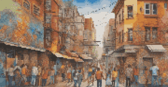 A colorful mural showcasing diverse individuals engaged in artistic activities, symbolizing cultural exchange.