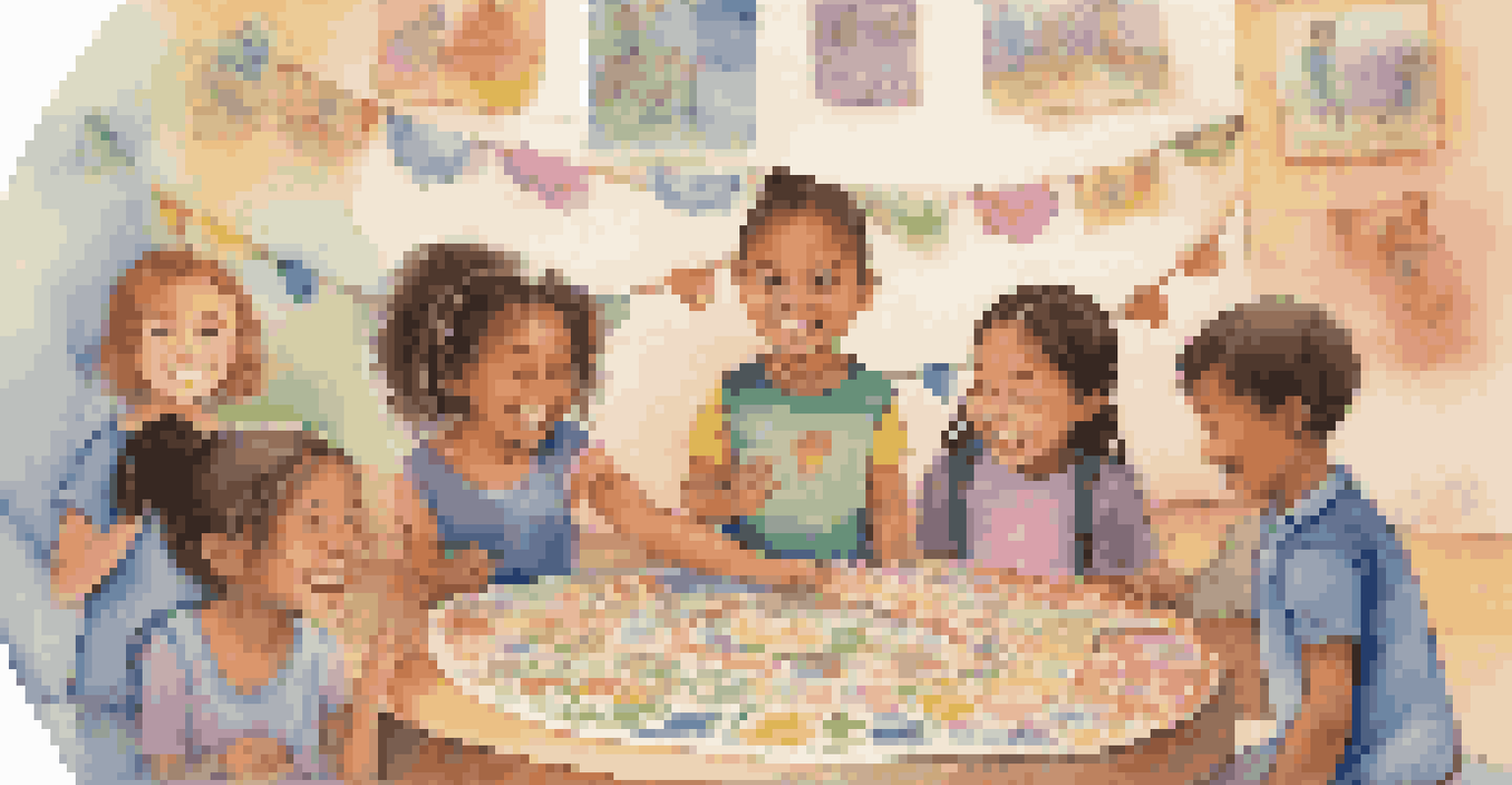 Children sharing their artwork in a circle, smiling and discussing their creative expressions in a vibrant, colorful setting.