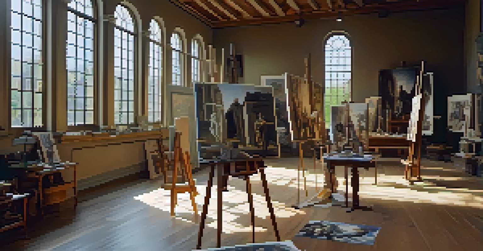A Renaissance artist's studio filled with canvases and sculptures, illuminated by natural light from large windows.
