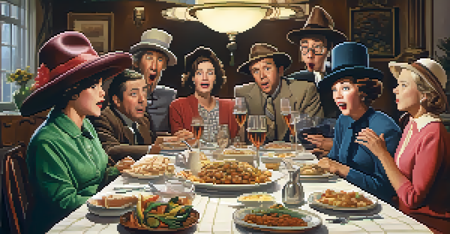 A surreal family dinner scene with characters wearing oversized hats, showcasing a humorous and absurd atmosphere.