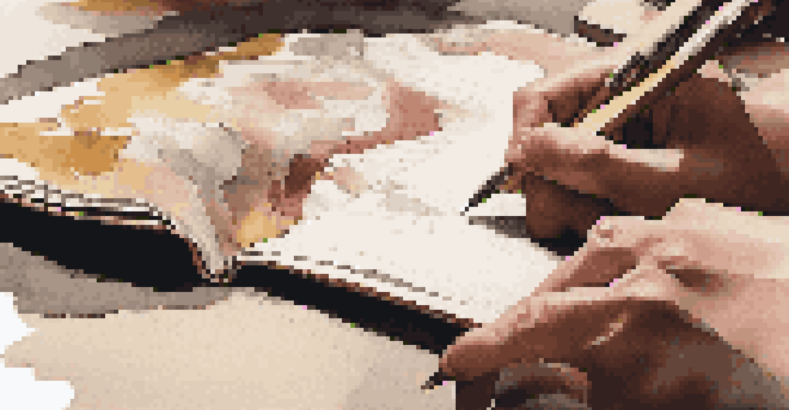 Close-up of a critic's hands writing a review, with an abstract painting in the background.