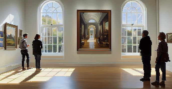 An art gallery with paintings on walls and people discussing art.