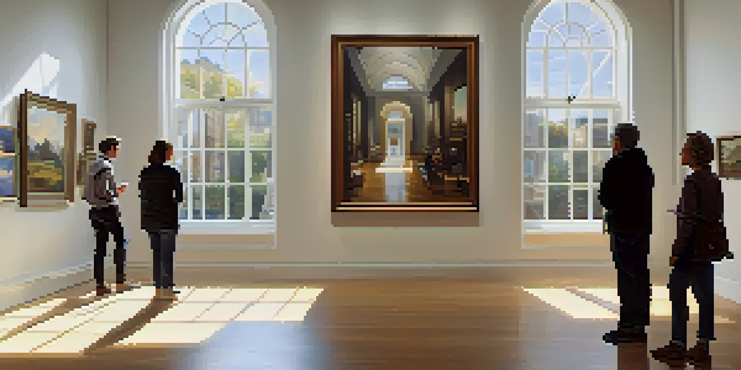 An art gallery with paintings on walls and people discussing art.