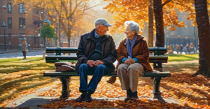An elderly couple sitting on a park bench, smiling at each other with autumn leaves surrounding them, illuminated by soft sunlight.