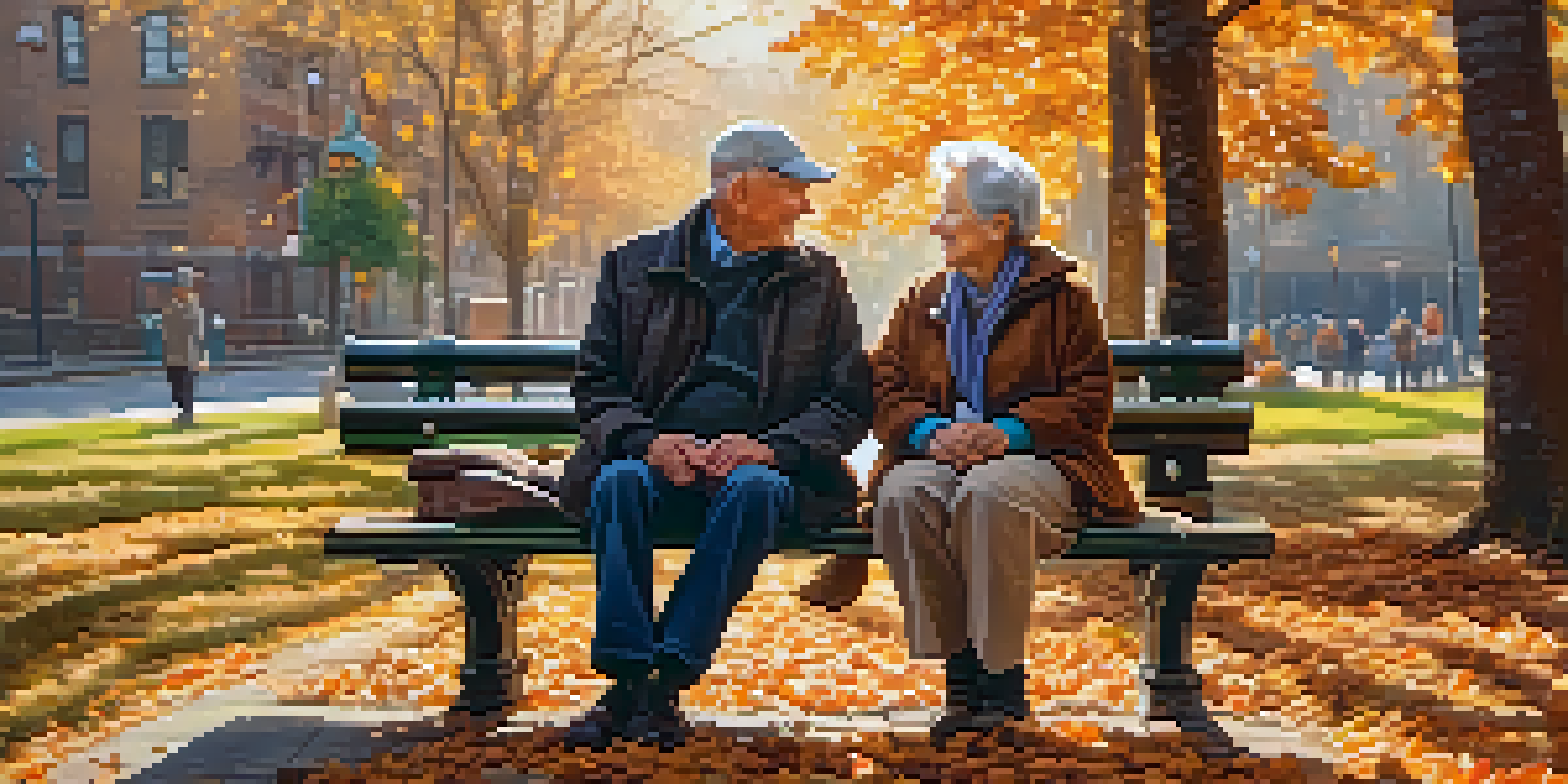 An elderly couple sitting on a park bench, smiling at each other with autumn leaves surrounding them, illuminated by soft sunlight.
