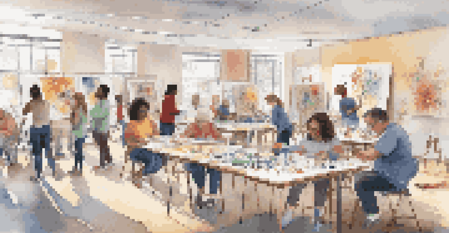 A diverse group of people participating in a community art workshop, creating art together with a mentor assisting a young artist.