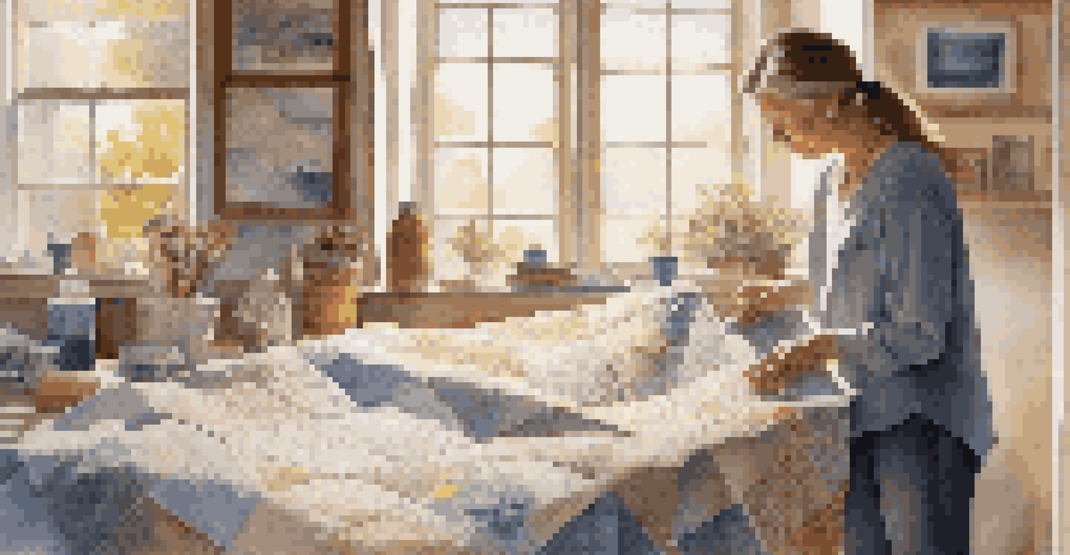 An artist in a studio, creating art inspired by a family quilt, with soft natural light illuminating the scene.