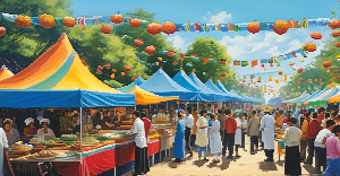 A lively outdoor food festival with colorful stalls and chefs preparing traditional dishes, surrounded by happy people enjoying the atmosphere.