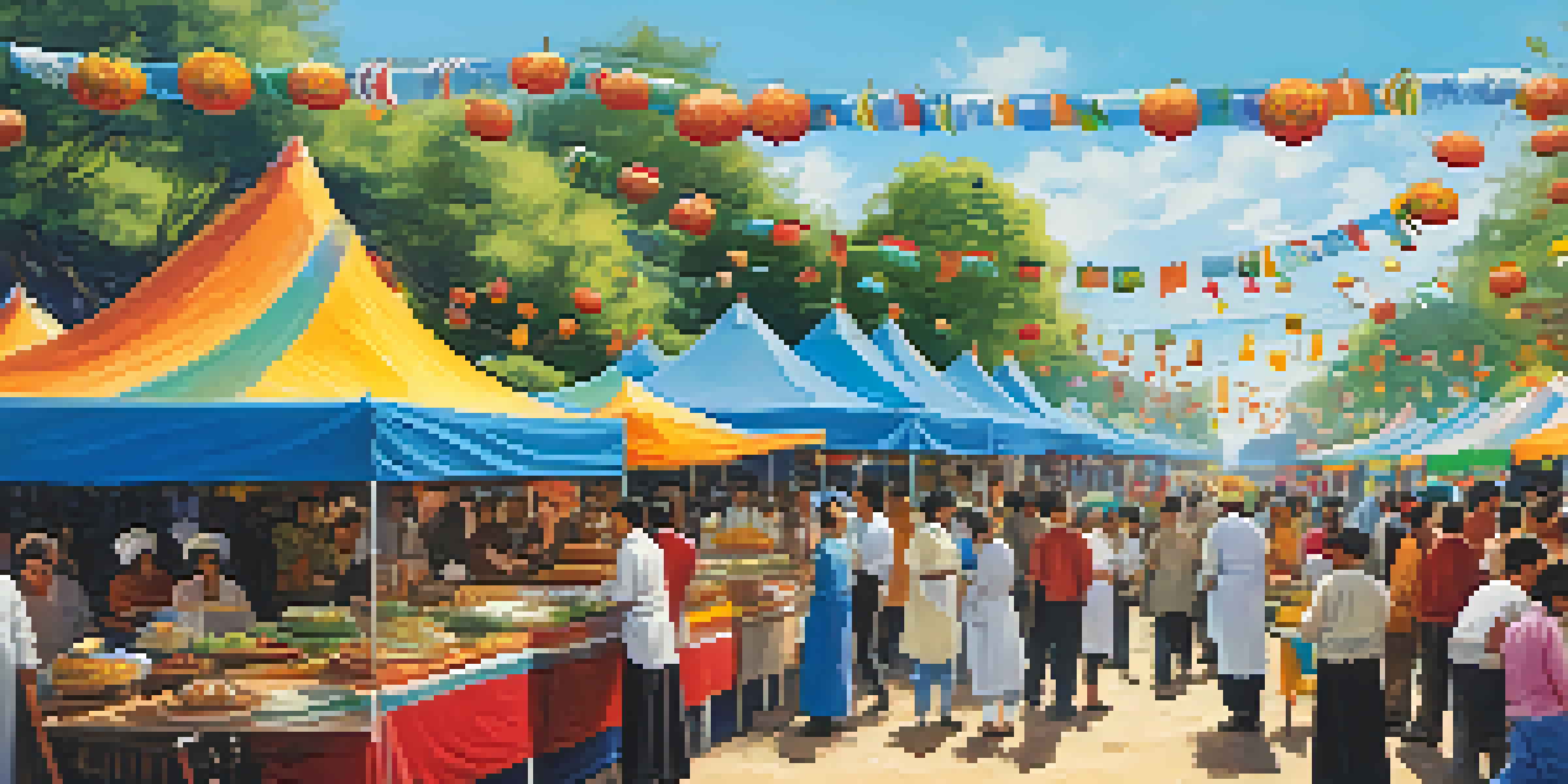A lively outdoor food festival with colorful stalls and chefs preparing traditional dishes, surrounded by happy people enjoying the atmosphere.