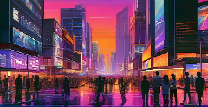 A colorful digital art scene of a city at dusk with neon lights and people engaging with augmented reality ads.