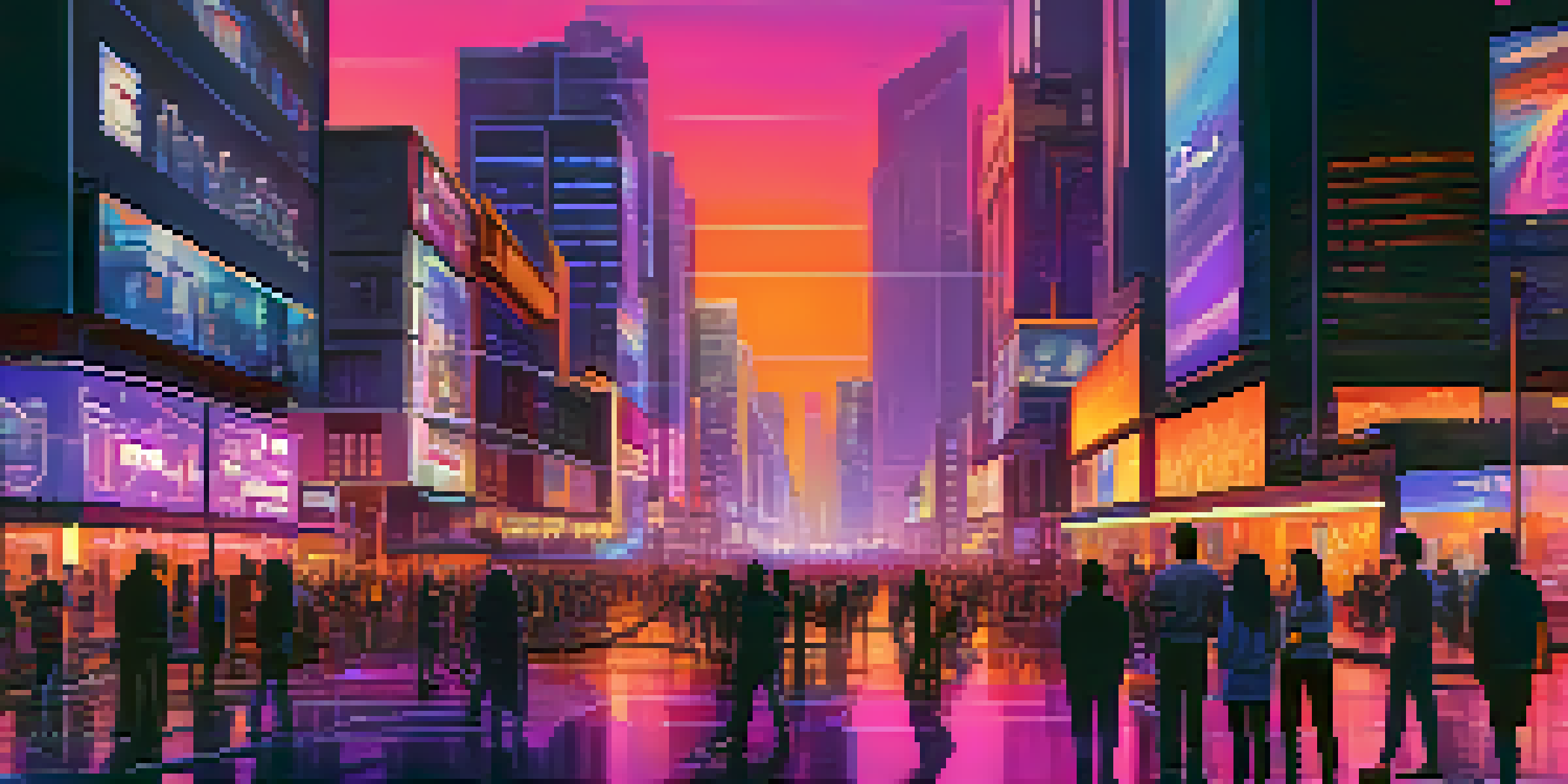 A colorful digital art scene of a city at dusk with neon lights and people engaging with augmented reality ads.