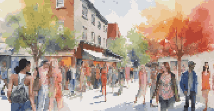 A lively street with diverse models wearing colorful gender-neutral fashion in front of an abstract mural, illuminated by soft natural light.