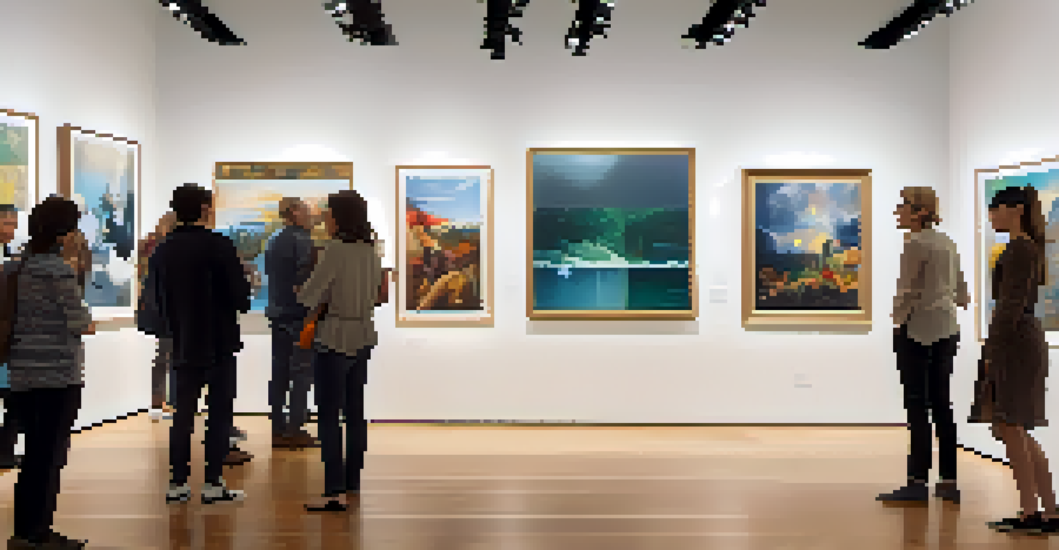 A lively art gallery opening with people admiring artwork and engaging in conversations.