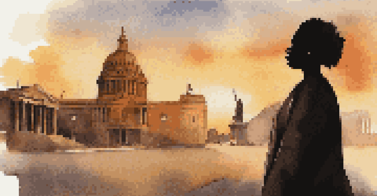 A silhouette of a woman against historical landmarks at sunset, symbolizing the intersection of race and feminism.