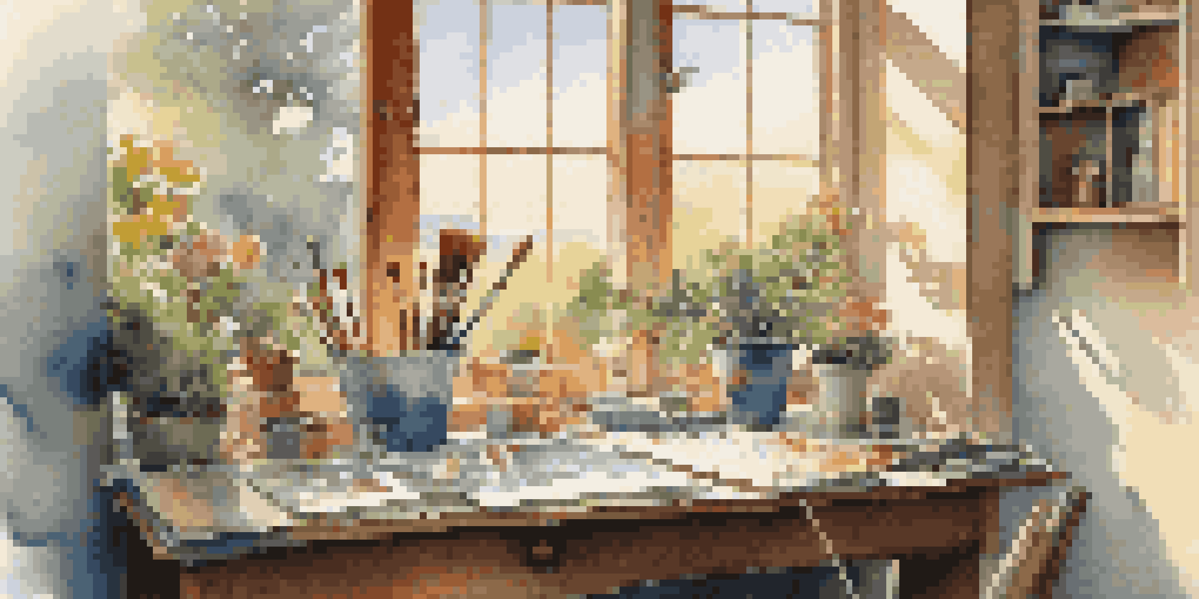 An artist's workspace by a window with paints and brushes, with a view of a blooming garden outside.