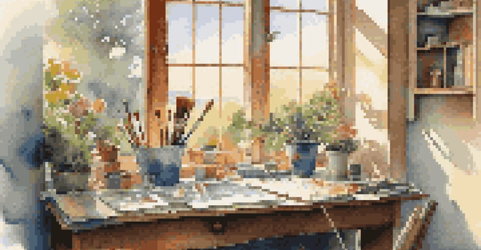 An artist's workspace by a window with paints and brushes, with a view of a blooming garden outside.