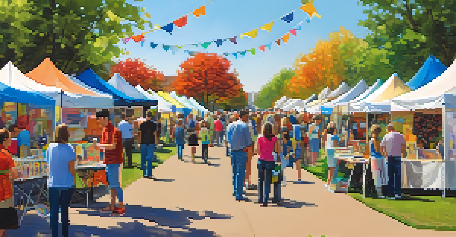 An outdoor art festival with local artists' booths and visitors engaging in activities in a park.