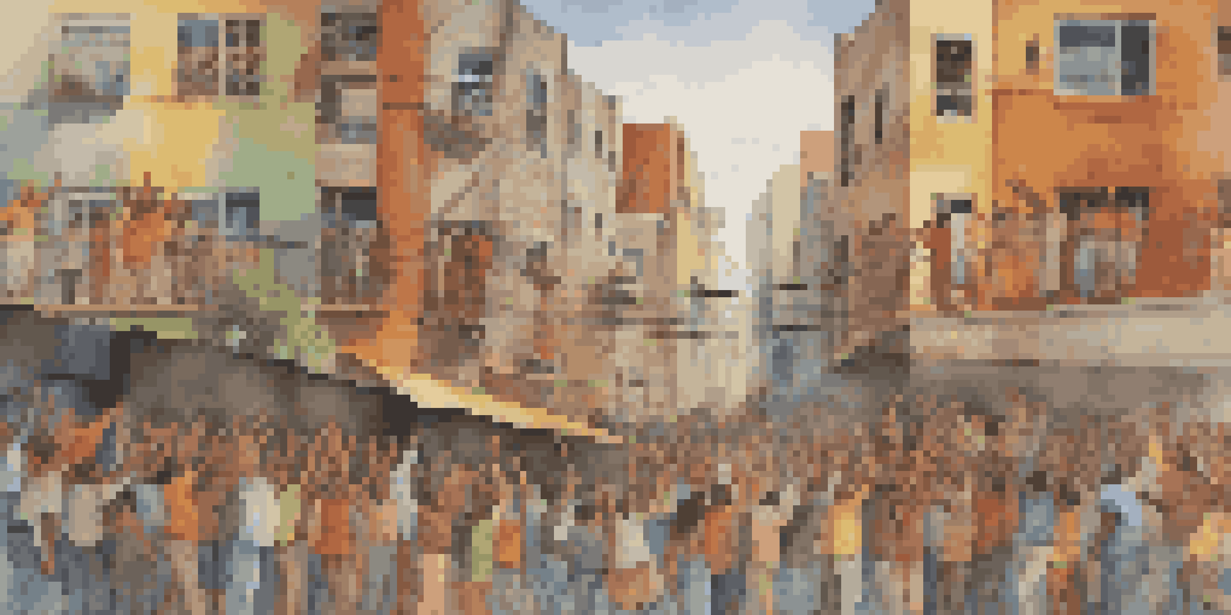 A colorful mural showing diverse individuals participating in a communal activity, with expressive faces and cultural symbols, set against a muted urban backdrop.