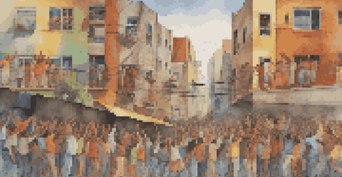 A colorful mural showing diverse individuals participating in a communal activity, with expressive faces and cultural symbols, set against a muted urban backdrop.