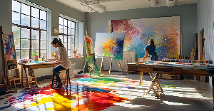 An artist in a colorful studio, painting with their hands amidst splattered paints and leaning canvases, illuminated by sunlight.
