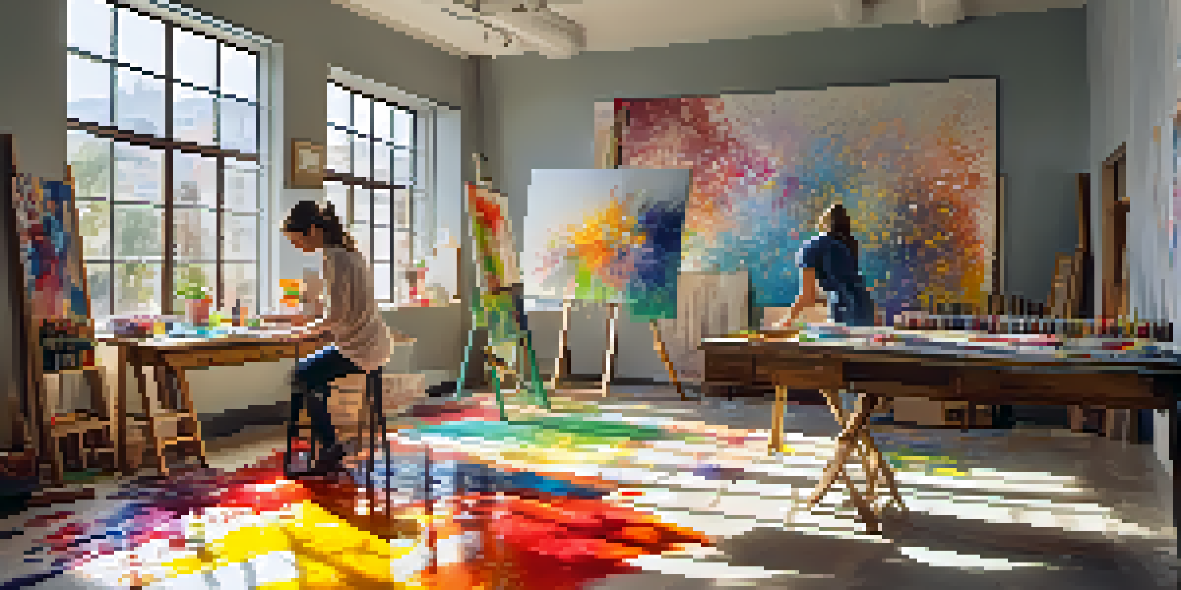 An artist in a colorful studio, painting with their hands amidst splattered paints and leaning canvases, illuminated by sunlight.