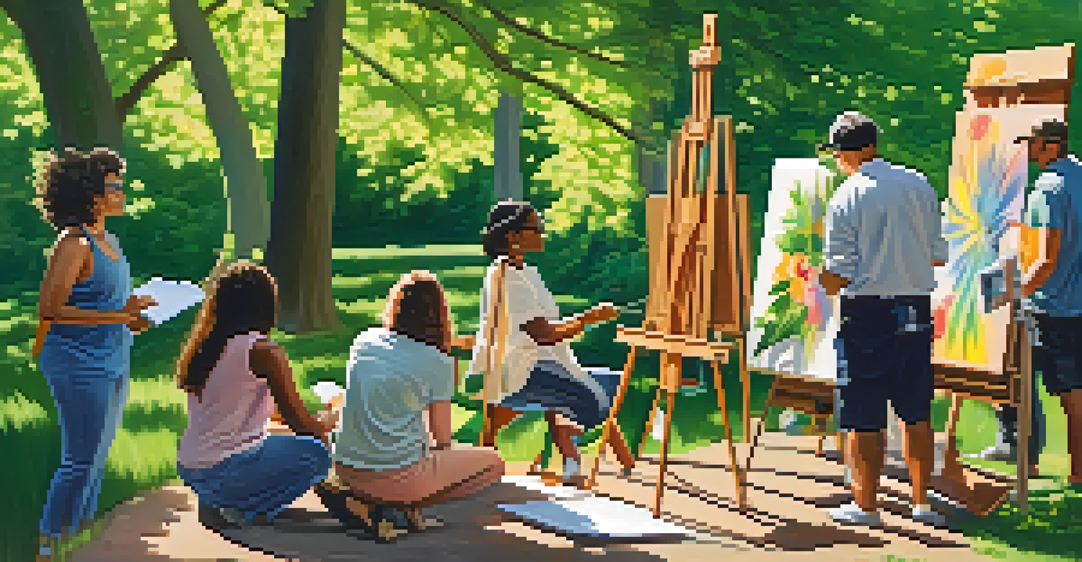 Diverse artists painting together outdoors in a lush green park surrounded by flowers.