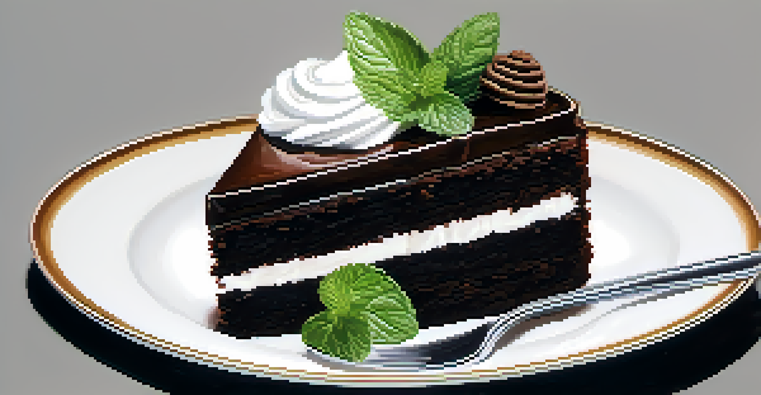 A rich chocolate cake with whipped cream and mint on a minimalist plate, set against a white background.