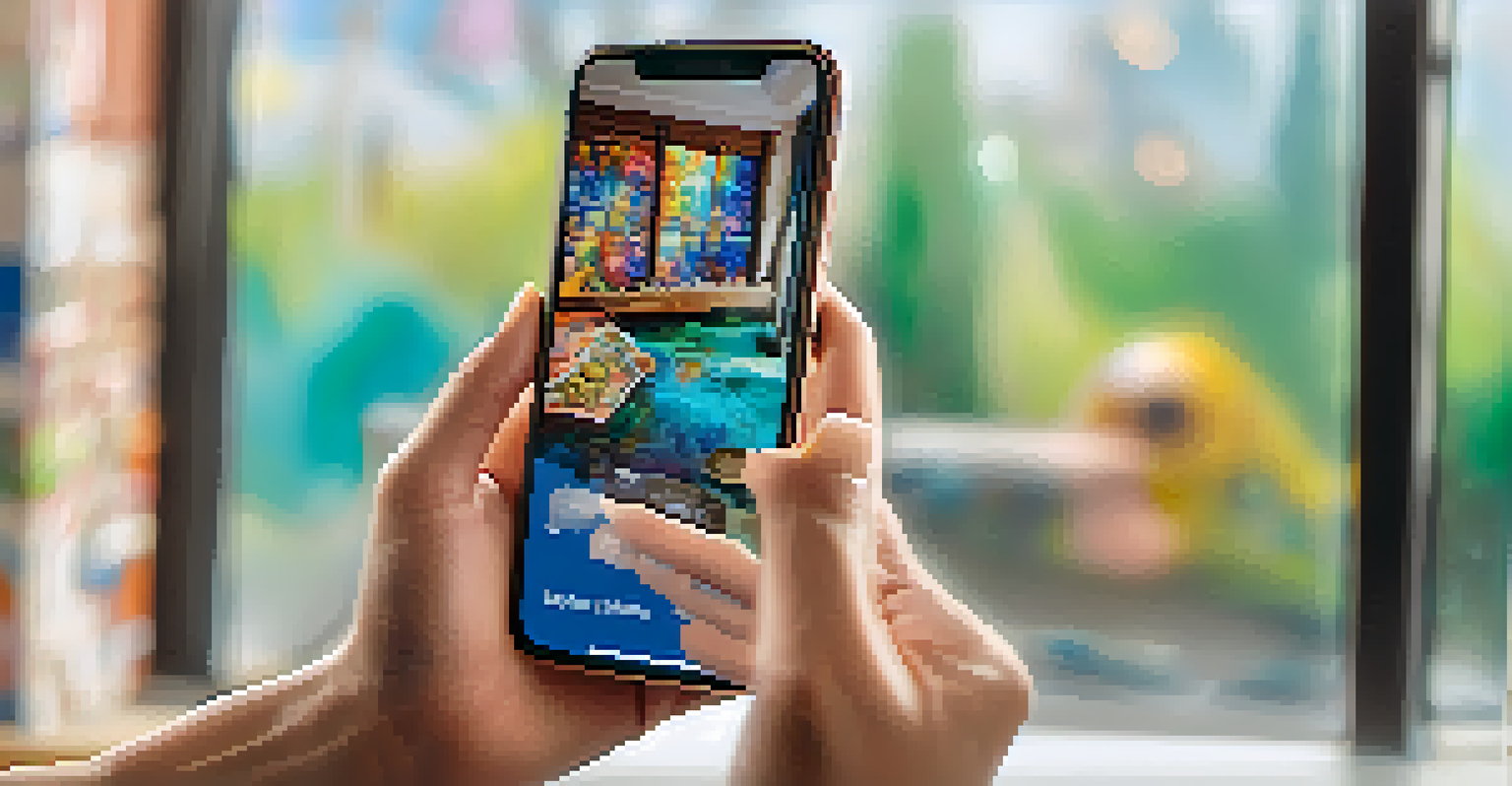 Close-up of hands holding a smartphone showing an art piece on social media, with a blurred art studio background filled with colorful artworks.