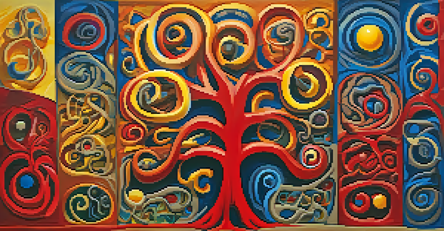 An abstract artwork with swirling colors and a central tree symbolizing the connection between memory and culture.