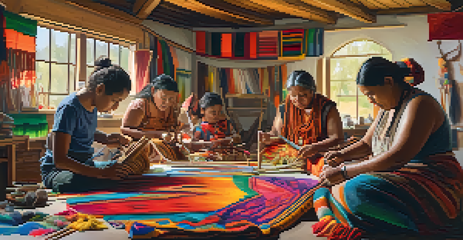 An Indigenous art workshop scene with artists of different ages crafting textiles, sharing stories, and surrounded by vibrant materials.