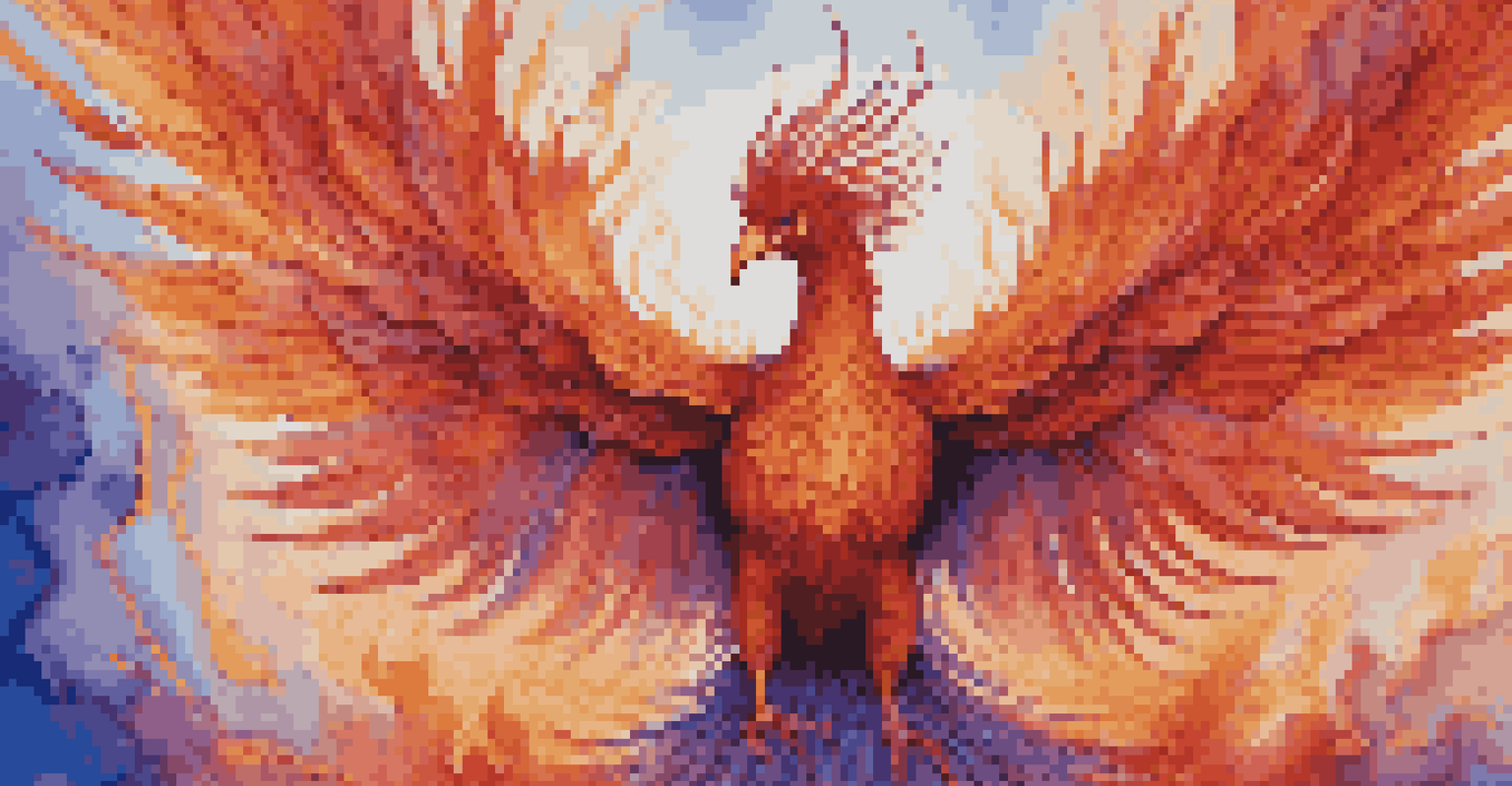 A vivid painting of a phoenix rising from the ashes, showcasing bright colors and intricate details, set against a calming background.