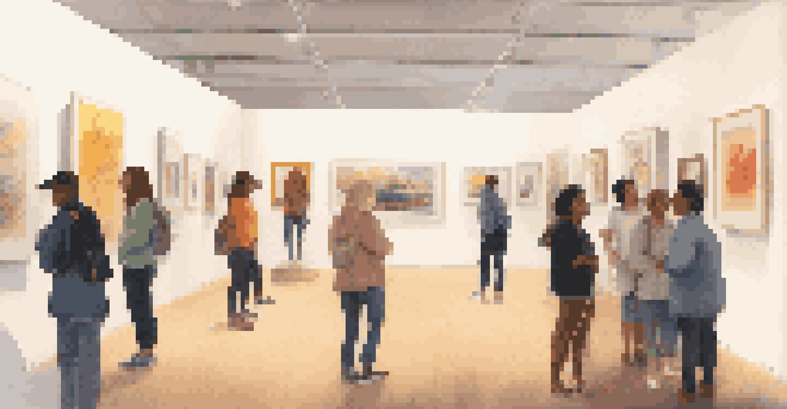 An art exhibition featuring interactive installations and diverse artworks, with attendees engaged in a workshop under warm lighting.
