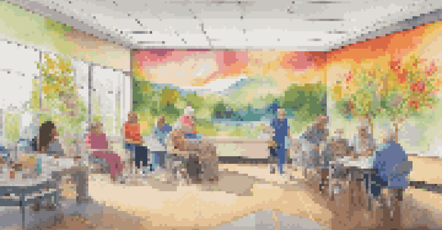 Patients and caregivers collaborating on a vibrant mural in a care setting, surrounded by a joyful and connected atmosphere.