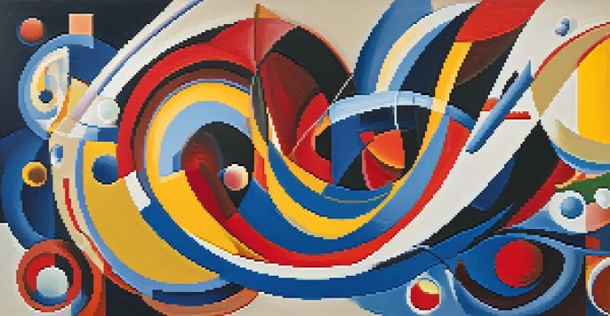 An abstract painting with bold geometric shapes and vibrant swirling colors, inspired by Kandinsky's style, featuring dynamic movement and depth.