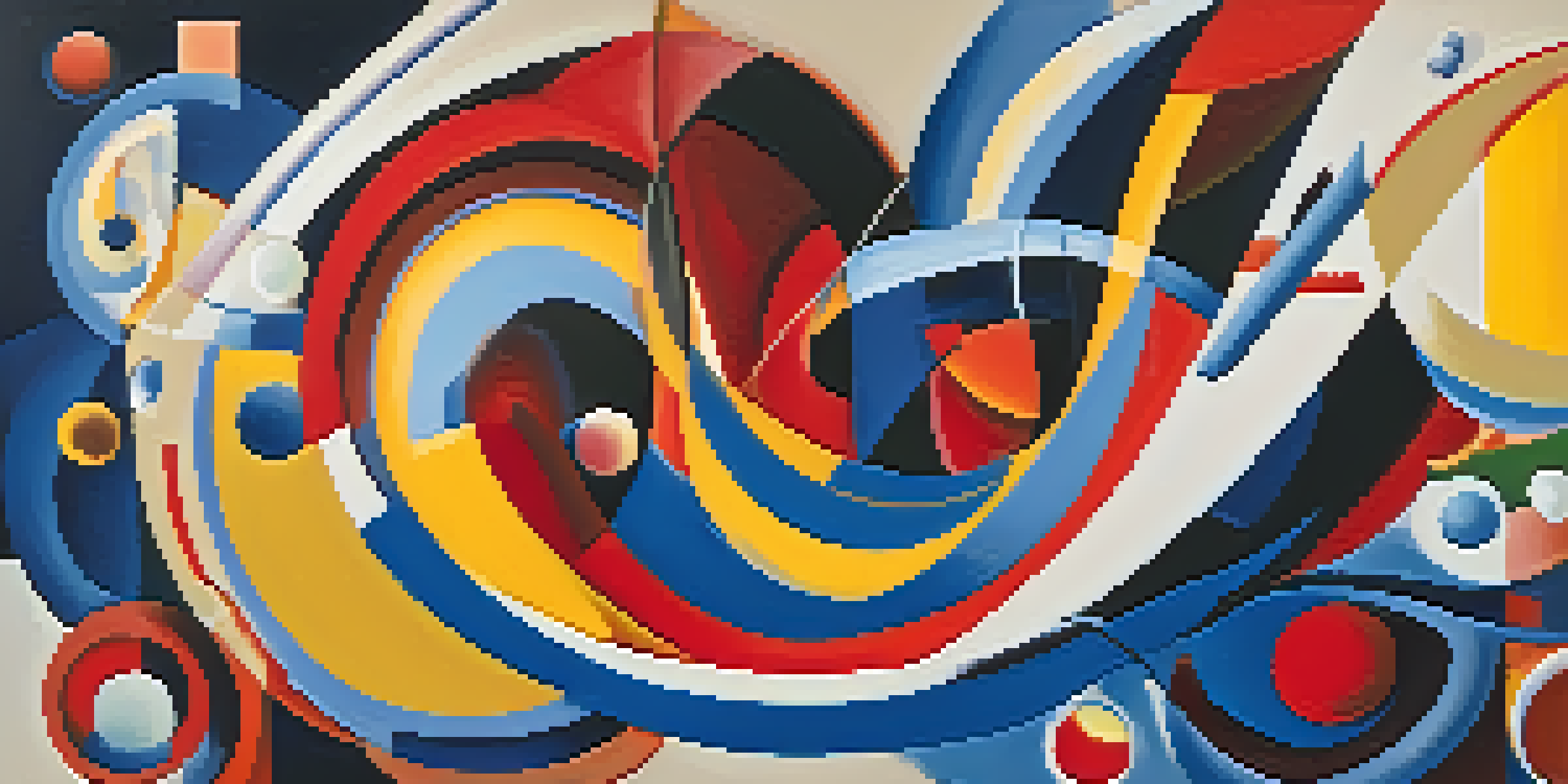 An abstract painting with bold geometric shapes and vibrant swirling colors, inspired by Kandinsky's style, featuring dynamic movement and depth.