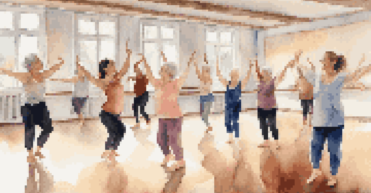 Participants with disabilities joyfully expressing themselves through dance in a spacious studio filled with soft lighting and mirrors.