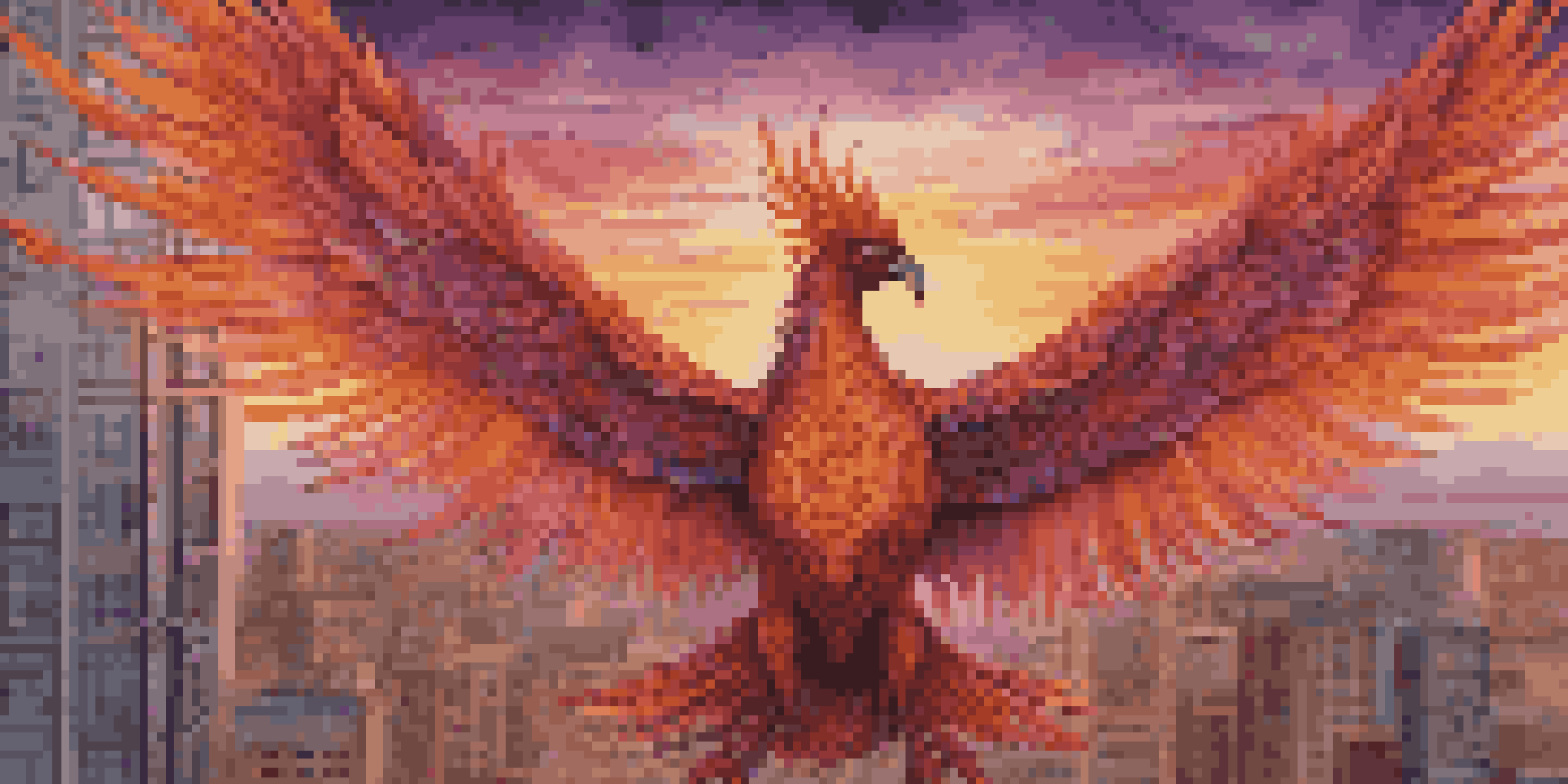 A colorful mural of a phoenix rising against a city skyline at sunset, with people admiring it.