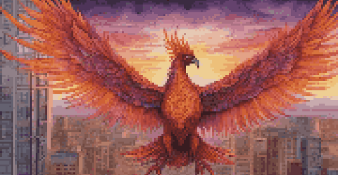 A colorful mural of a phoenix rising against a city skyline at sunset, with people admiring it.