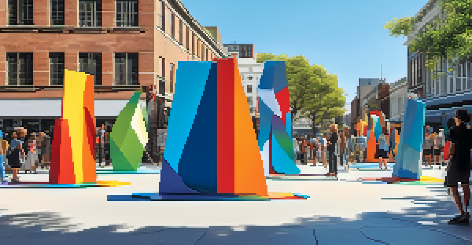 An outdoor art installation with large colorful sculptures made of recycled materials, with people interacting in a lively urban square.