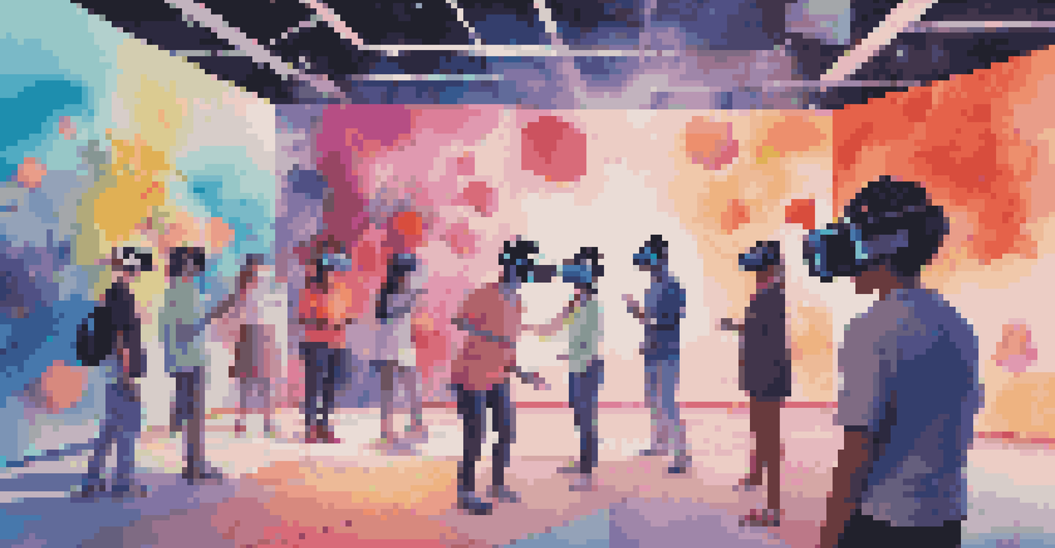 Students wearing VR headsets creating 3D artworks in a colorful digital environment.