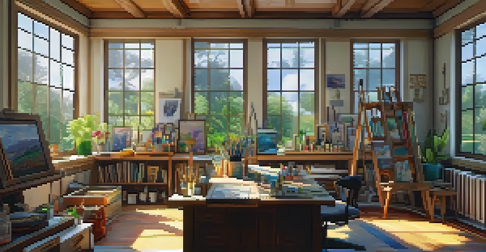 An artist's studio illuminated by natural light, displaying various art tools and colorful artworks on the walls.
