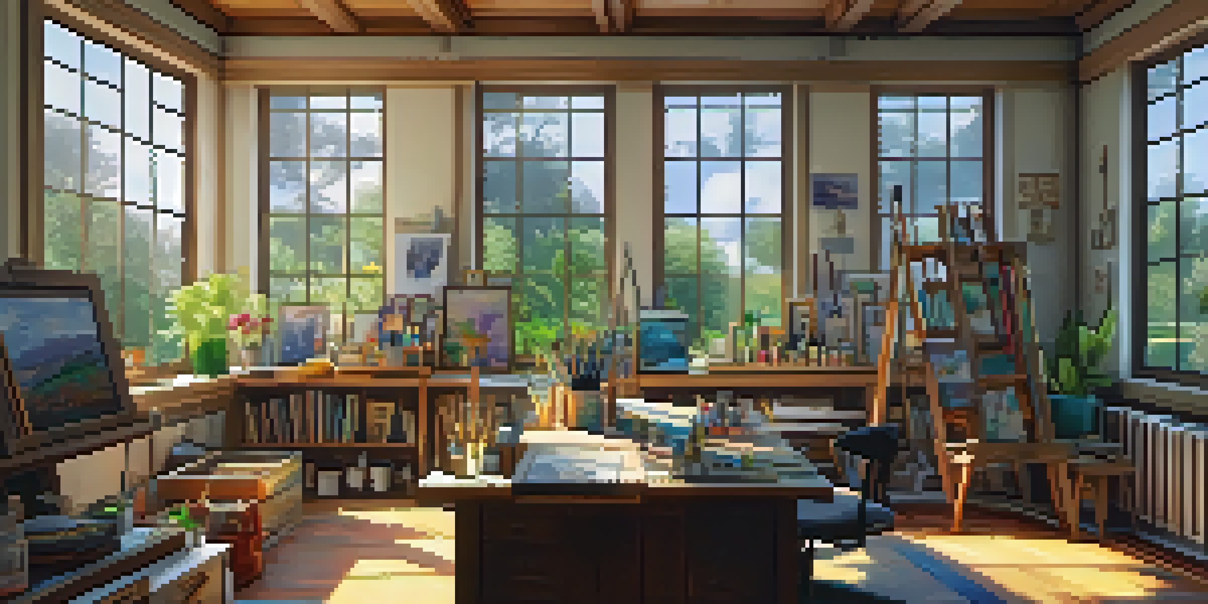 An artist's studio illuminated by natural light, displaying various art tools and colorful artworks on the walls.