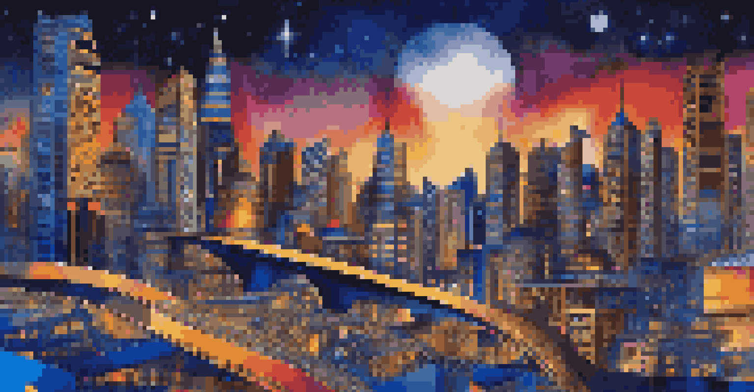 A digital artwork of a futuristic cityscape incorporating African patterns and colors against a starry night sky.