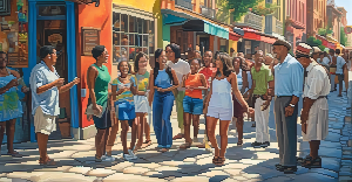 A lively street scene with diverse individuals laughing together, surrounded by colorful murals that represent different cultures' humor.