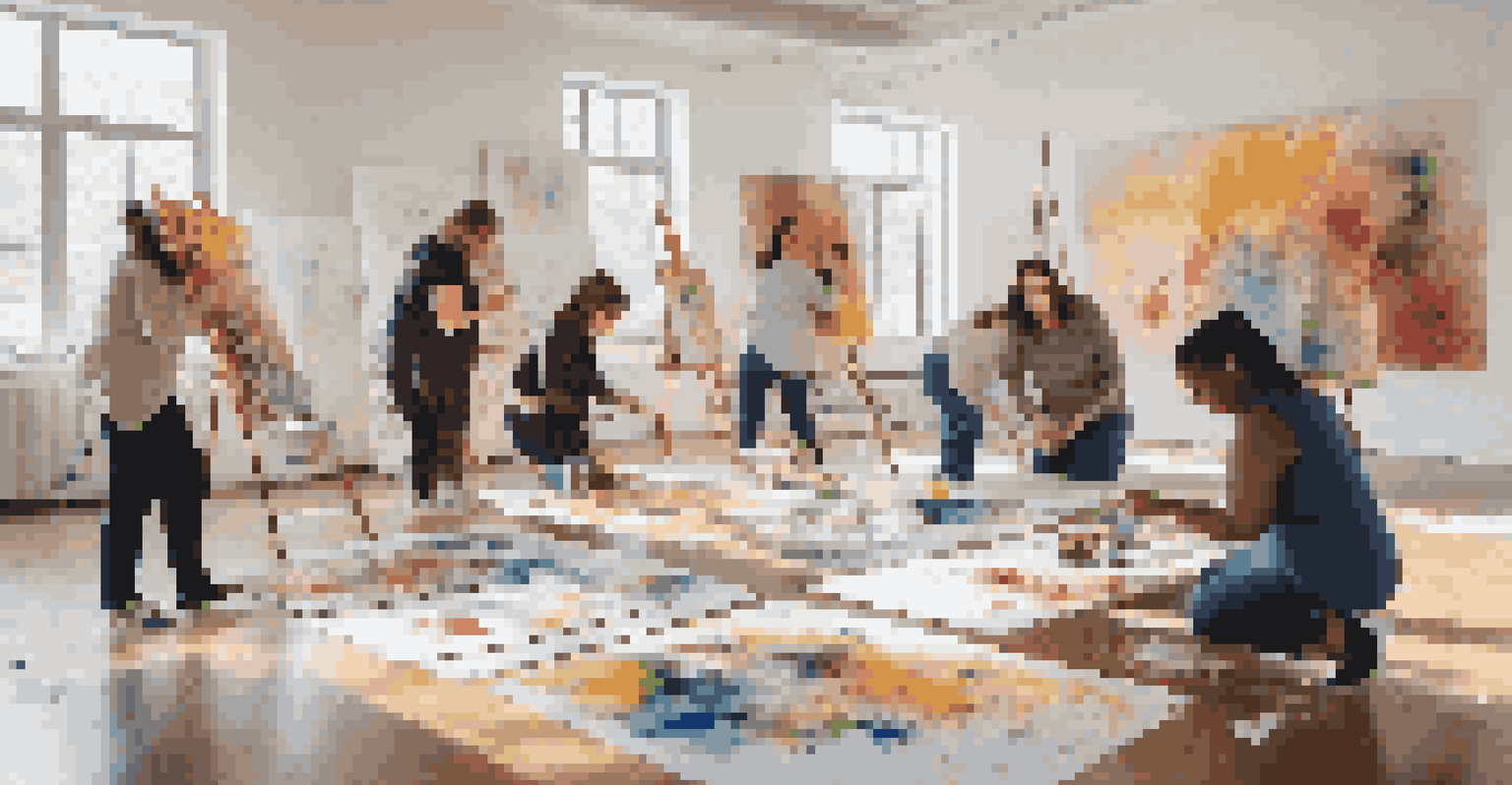 Participants in an art therapy session painting on canvas, surrounded by colorful artworks and natural light.