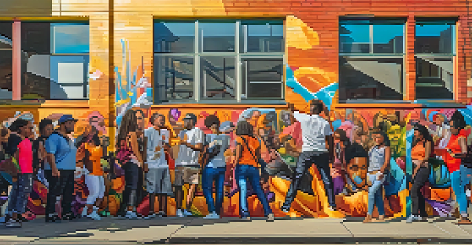 A colorful street art mural with diverse people interacting with it during sunset.