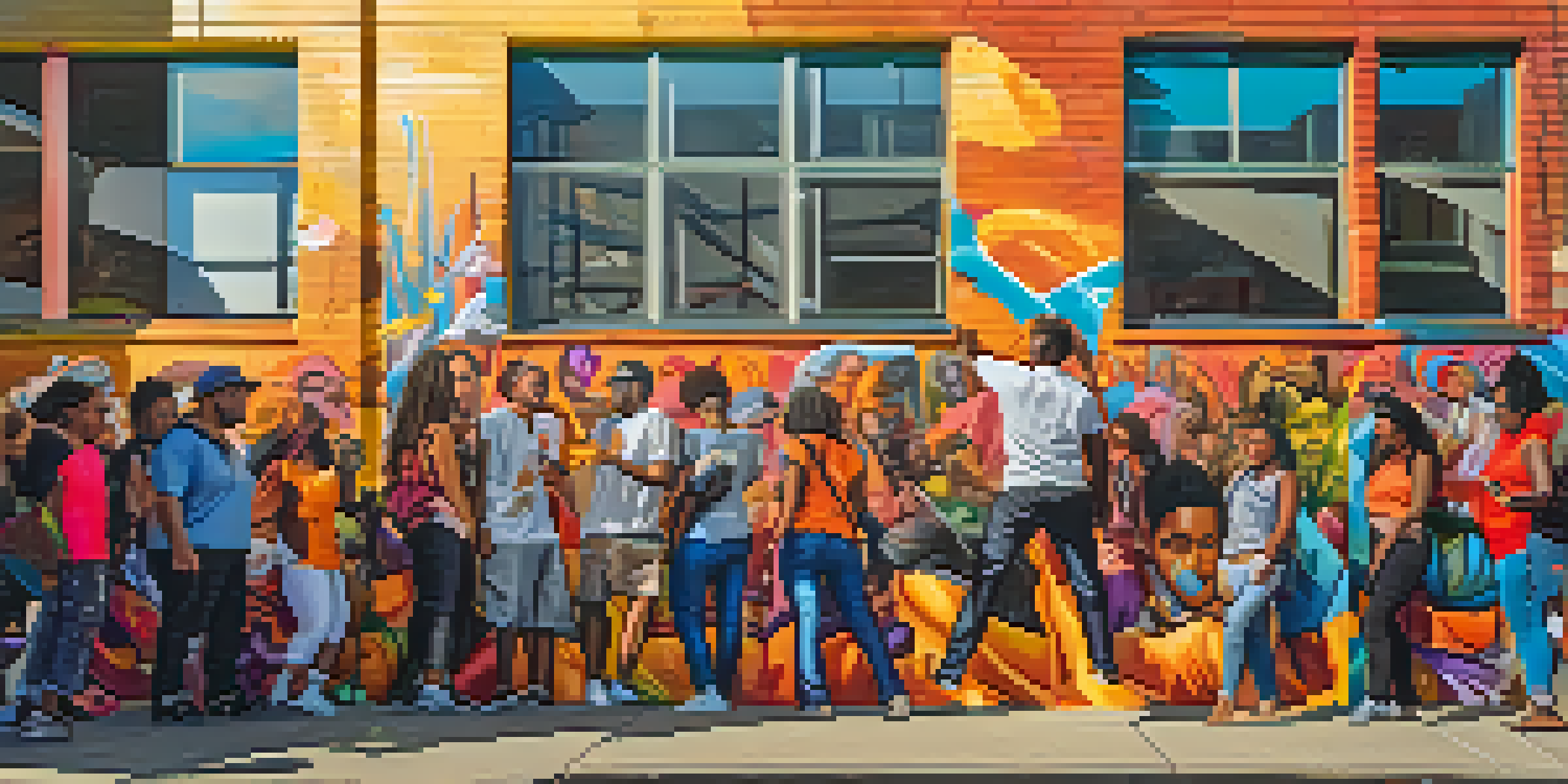 A colorful street art mural with diverse people interacting with it during sunset.